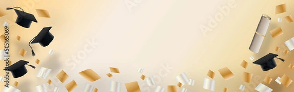 Obraz Graduation background with caps tossed in air and silver and gold confetti on very light soft golden back drop left blank for copy space