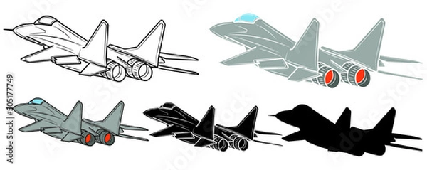 Fototapeta Set of Vector illustration of a fighter jet on a white background.