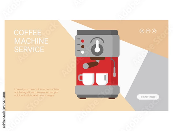 Fototapeta Coffee machine service web page flat design layout. Coffee brewing technology landing page, website interface. Hot aroma drink preparing concept vector illustration.