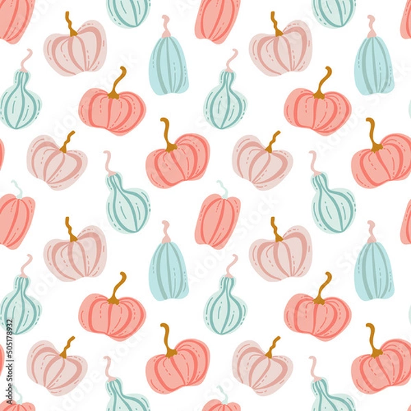 Fototapeta Pattern of colored pumpkins. Seamless pattern hand-drawn sketches of pumpkins of different shapes of pastel colors.