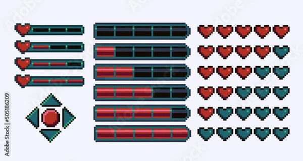 Obraz Menu interface with health bars pixel art set. Buttons, hearts and arrows collection. 8 bit sprite. Game development, mobile app.  Isolated vector illustration.