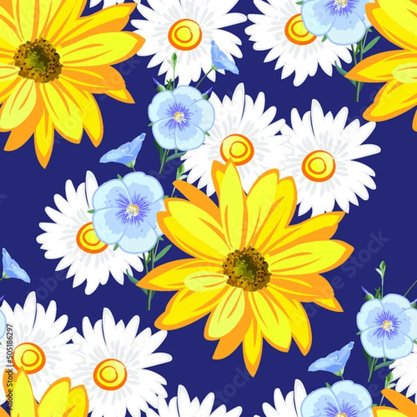 Fototapeta Flower pattern, flowers of sunflower,  chamomile, flax, flowers and blossoms linen close up on dark blue background, seamless texture, EPS 10, vector