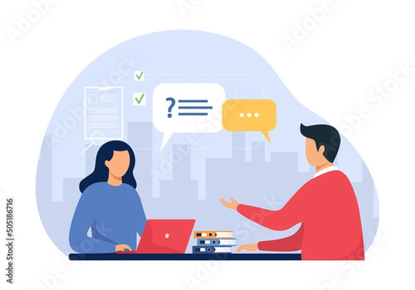Obraz Job interview concept. Modern flat vector illustration of a woman talking to a  man with a laptop. Vector illustration. Isolated in the background.
