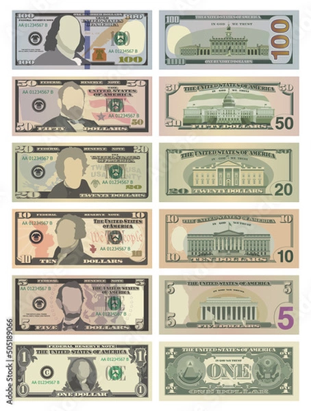 Fototapeta Set of One Hundred, Fifty, Twenty, Ten, Five Dollars and One Dollar bills on both sides. 100, 50, 20, 10, 5 and 1 US dollars banknotes. Vector illustration of USD isolated on white background