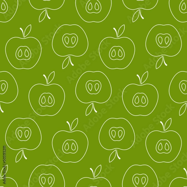 Fototapeta Seamless pattern with apple. White flat icon apple slice on color background. Linear icon fruit set. Modern design for print on fabric, wrapping paper, wallpaper, packaging. Vector illustration