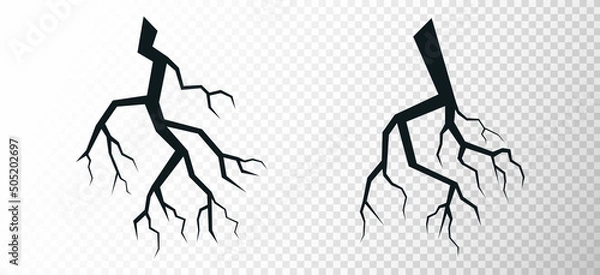 Fototapeta Ground cracks set on transparent background. Ground split after disaster. Aging or dried ground effects. Earthquake crack the rift on surface. Ruined cracked texture. Vector illustration