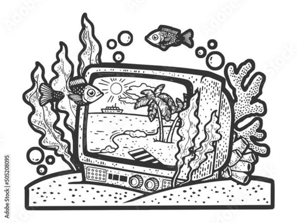 Fototapeta tv under water sketch engraving vector illustration. T-shirt apparel print design. Scratch board imitation. Black and white hand drawn image.