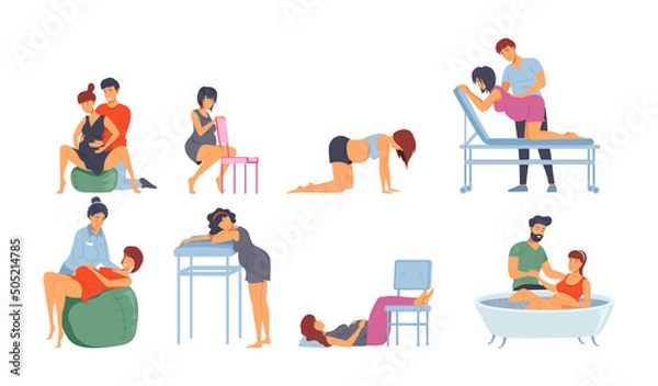 Fototapeta Birth positions set. Pregnant woman labour with comfortable poses with husband or nurse support
