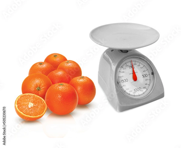 Fototapeta Weighing Instrument and oranges.