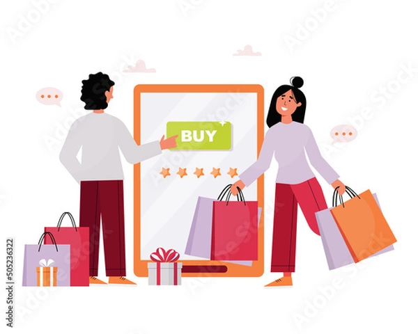 Fototapeta Man and woman is standing near the smartphone with packages and gift boxes, while man is pressing buy button on the screen. Online purchase, mobile order, order online etc vector concept.
