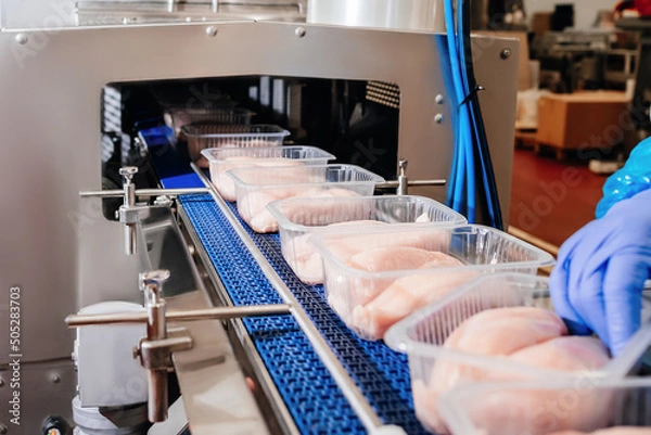 Obraz Modern poultry processing plant.Conveyor Belt Food.Automated production line in modern food factory.A modern plant.Factory production food from meat.Production line with packaging and cutting of meat.