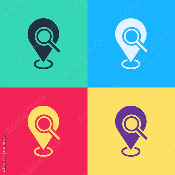 Obraz Pop art Search location icon isolated on color background. Magnifying glass with pointer sign. Vector