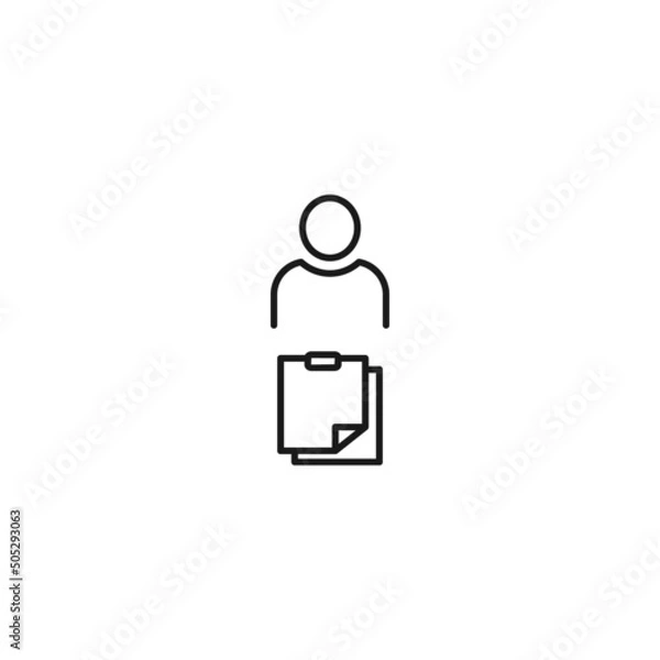 Fototapeta Black and white sign suitable for advertisement, web sites, stores, shops, apps. Editable stroke drawn with thin black line. Vector icon of user next to papers on clipboard