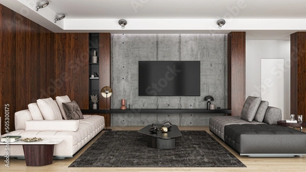 Fototapeta Illustration 3D rendering large luxury modern bright interiors Living room mockup computer digitally generated image