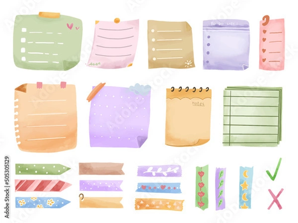 Obraz Bullet Journal Stickers, to do list sheet. Digital cute sticky notes memo watercolor washi tape set