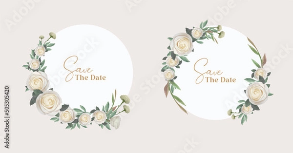 Obraz Set of floral Frame wedding invitation circle card template with rose flower watercolor