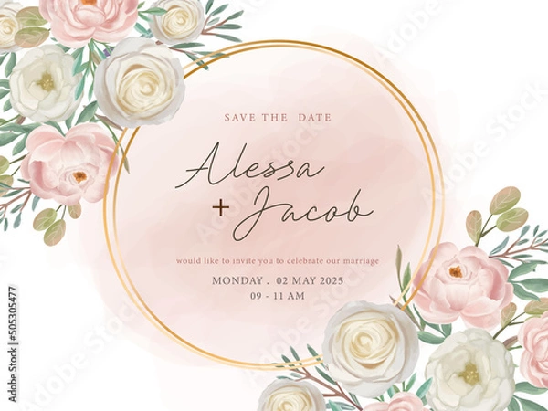 Fototapeta Circle Frame Save the date wedding invitation card template with rose flower watercolor gold