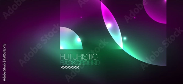 Fototapeta Abstract background with neon glowing light effects. Round shapes, triangles and circles. Wallpaper for concept of AI technology, blockchain, communication, 5G, science, business and technology