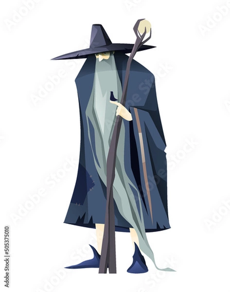 Fototapeta Illustration of an old wizard with a long beard. Birdie. Vector. Character design.