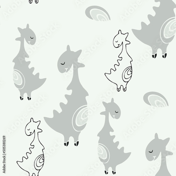 Fototapeta Cute dinosaur vector print for kids design. Vector print with cartoon dinosaur. Cute Dino doodle print for childish decor. Seamless pattern