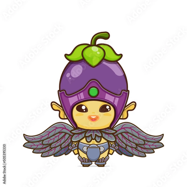 Fototapeta cute eggplant character. vegetable and fruit mascot with leaf wings. illustration in kawaii style. suitable for animation, children's content and all ages. for making cute patterns, bg, gift wrap