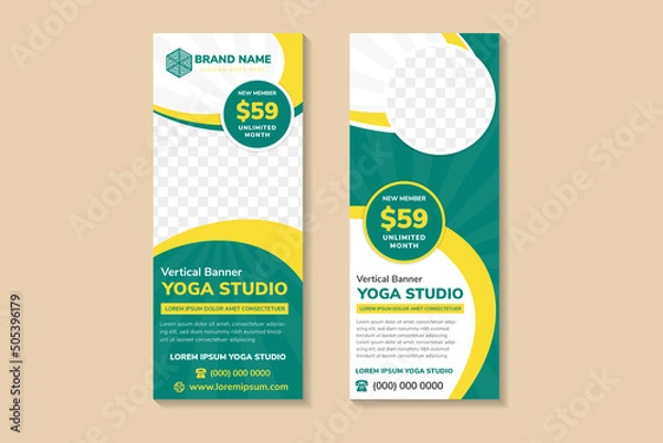 Fototapeta Template of universal vector roll up banner with place for photo and text. Design for business and sport. A sample on the theme of yoga studio. creative modern design with vertical layout. 