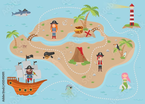 Obraz Cartoon pirate treasure map for children. The map has a cute mermaid, pirates, an octopus, a shark, a lighthouse, a treasure island, a chest and a ship.