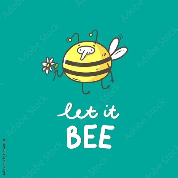 Fototapeta Postcard with a cute bee. Vector print insect. Funny doodle character poster.