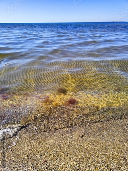 Fototapeta The Black Sea in spring with waves and sand on the beach with a bright blue sky.