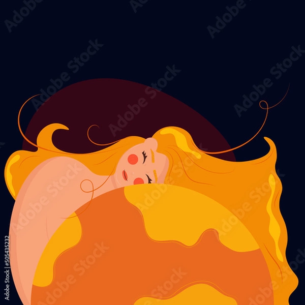 Fototapeta A woman embracing the planet Sun . A girl hugging the planet. Concept of environmental conservation. Vector illustration.