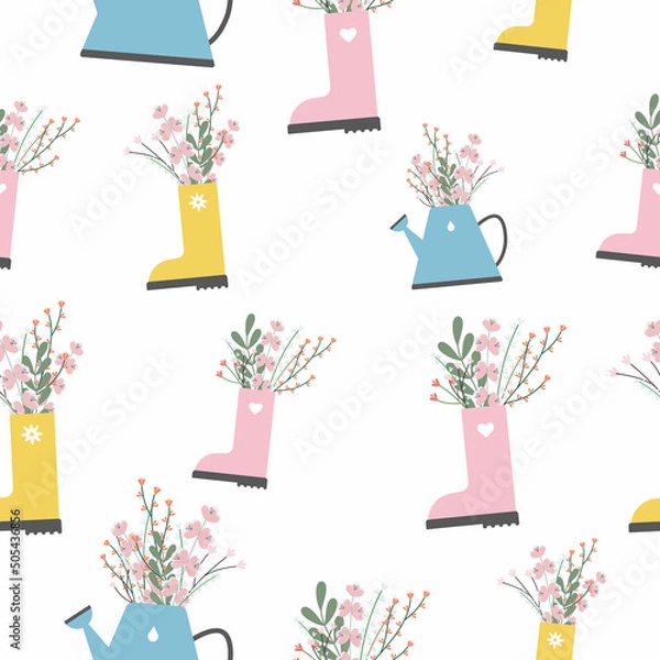 Fototapeta Seamless pattern. Cute garden boots and garden watering can. Vector hand drawn garden illustrations. Cute garden work hand drawn elements. Vector illustration.