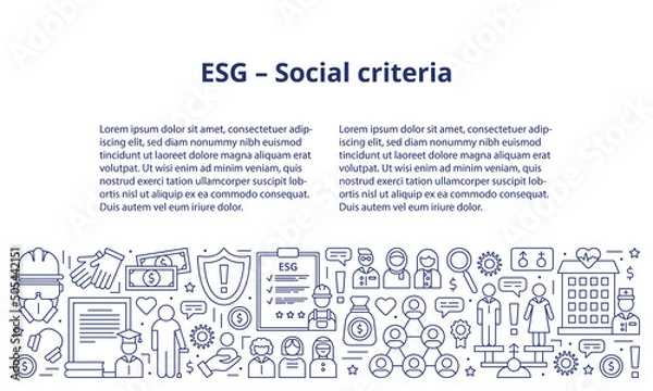 Fototapeta Set icons, ESG social concept. The icons are at the bottom of the banner, and the header and text template are at the top. Banner. Template. Vector illustration isolated on a white background.