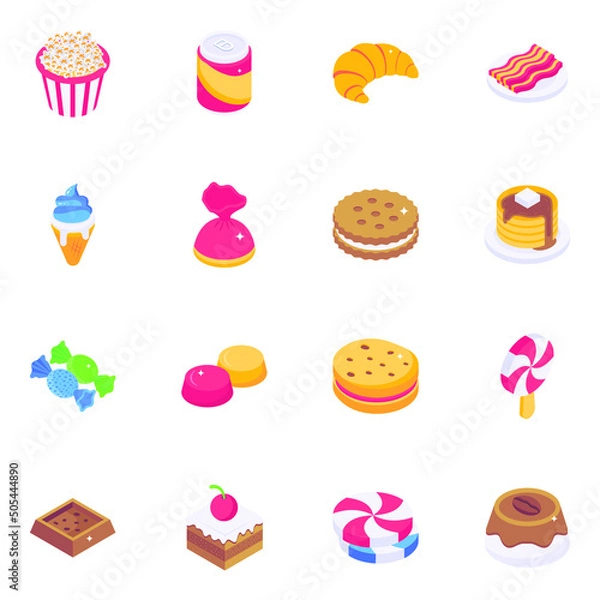 Fototapeta Set of Bakery Food Isometric Icons