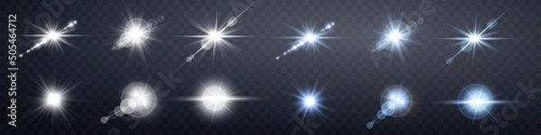 Obraz Silver and blue lens flares set. Isolated on transparent background. Sun flash with rays or spotlight and bokeh. Glow flare light effect. Vector illustration