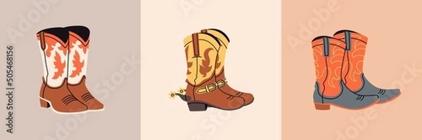 Obraz Set of Stylish cowboy boots with different ornaments. Shoe pairs collection. Wild West theme. Hand drawn colored trendy Vector illustration