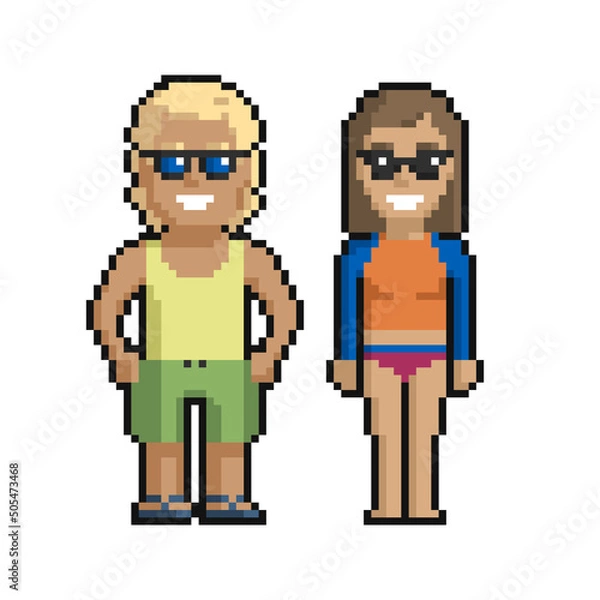 Fototapeta Pixel art set of cute boy and girl on the beach in summer on a white background.