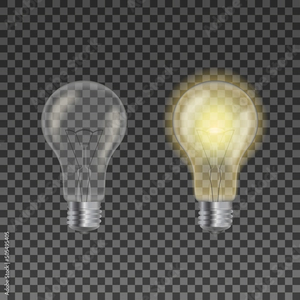 Fototapeta Realistic vector light bulb 3D set. Glowing yellow and white incandescent filament lamps, electricity on and off template on transparent background