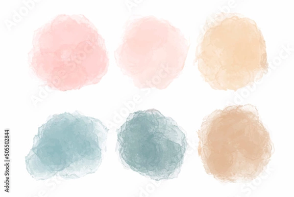 Fototapeta Color watercolor circle set. Vector smear watercolour splash stain. Round pastel hand drawn watercolor background with blue, pink, brown ink color.