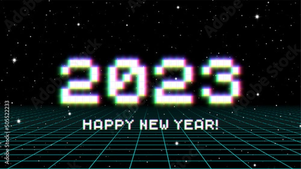 Fototapeta 2023 New Year sign with glitched glowing pixels and grid. Winter holiday and year change symbol.