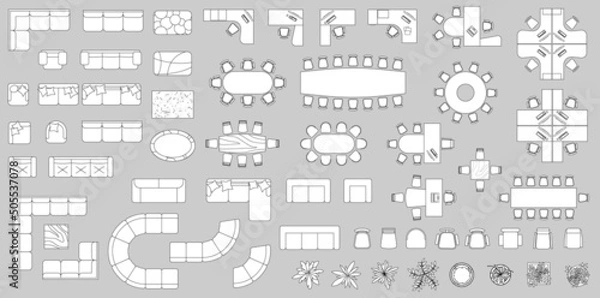 Fototapeta Furniture elements top view for plan of office, house, apartment, workspace. Vector set of objects. Collection of Interior icon. Kit with Table, chair, sofa, plant. Symbol for interior design, project