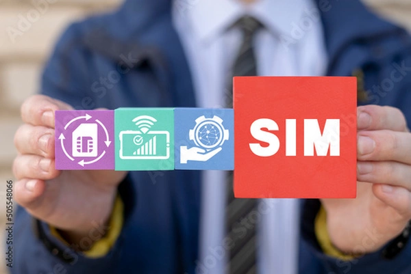 Fototapeta SIM card telecommunication technologies concept. eSIM embedded SIM new mobile communication technology.