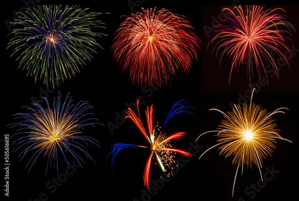 Obraz Multiple individual  firework displays on a black background