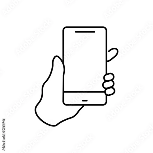 Obraz Hand touch smartphone icon in line style. Cursor finger vector illustration on white isolated background. Hand touch screen for app, web design and business concept.