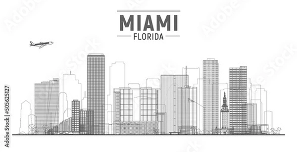 Fototapeta Miami Florida line city skyline with panorama in white background. Vector Illustration. Business travel and tourism concept with modern buildings. Image for banner or web site.