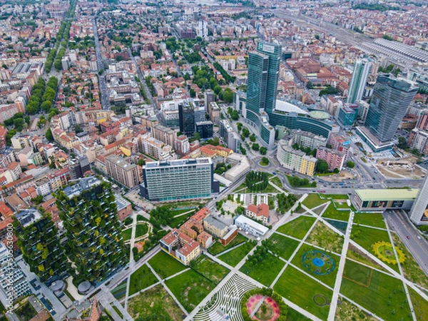 Obraz Aerial view of Milan Porta Nuova district, city skyline, business buildings and skyscrapers of Palazzo Regione Lombardia, Unicredit Tower, Bosco Verticale in Lombardy.