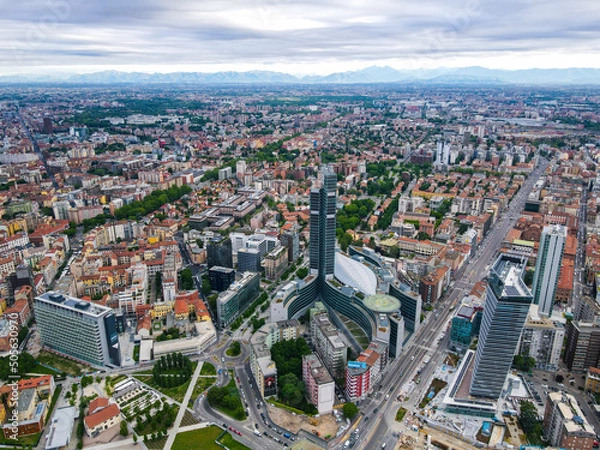 Obraz Aerial view of Milan Porta Nuova district, city skyline, business buildings and skyscrapers of Palazzo Regione Lombardia, Unicredit Tower, Bosco Verticale in Lombardy.