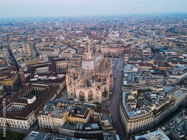 Obraz Aerial view of Duomo di Milano Cathedral in Duomo Square. Gothic cathedral in the center of Milan. Drone view of the gallery and Milano rooftops, in north Italy, Lombardia. Birds eye of Duomo facade.