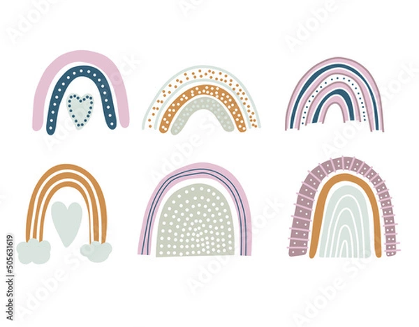 Fototapeta Set of rainbows with hearts, clouds, rain in a childish scandinavian style isolated on a white background. Perfect for kids, posters, prints, postcards, fabric.
