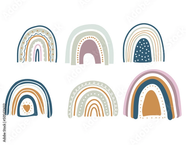 Fototapeta Set of rainbows with hearts, clouds, rain in a childish scandinavian style isolated on a white background. Perfect for kids, posters, prints, postcards, fabric.