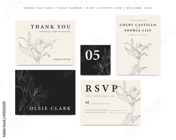 Obraz Minimalist wedding stationary template with lily flower